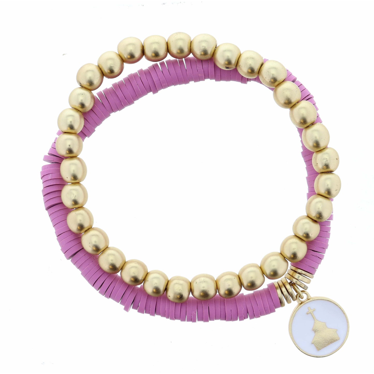 Set of 2, Fuchsia Rubber Sequins with White and Gold Church Disc Bracelet