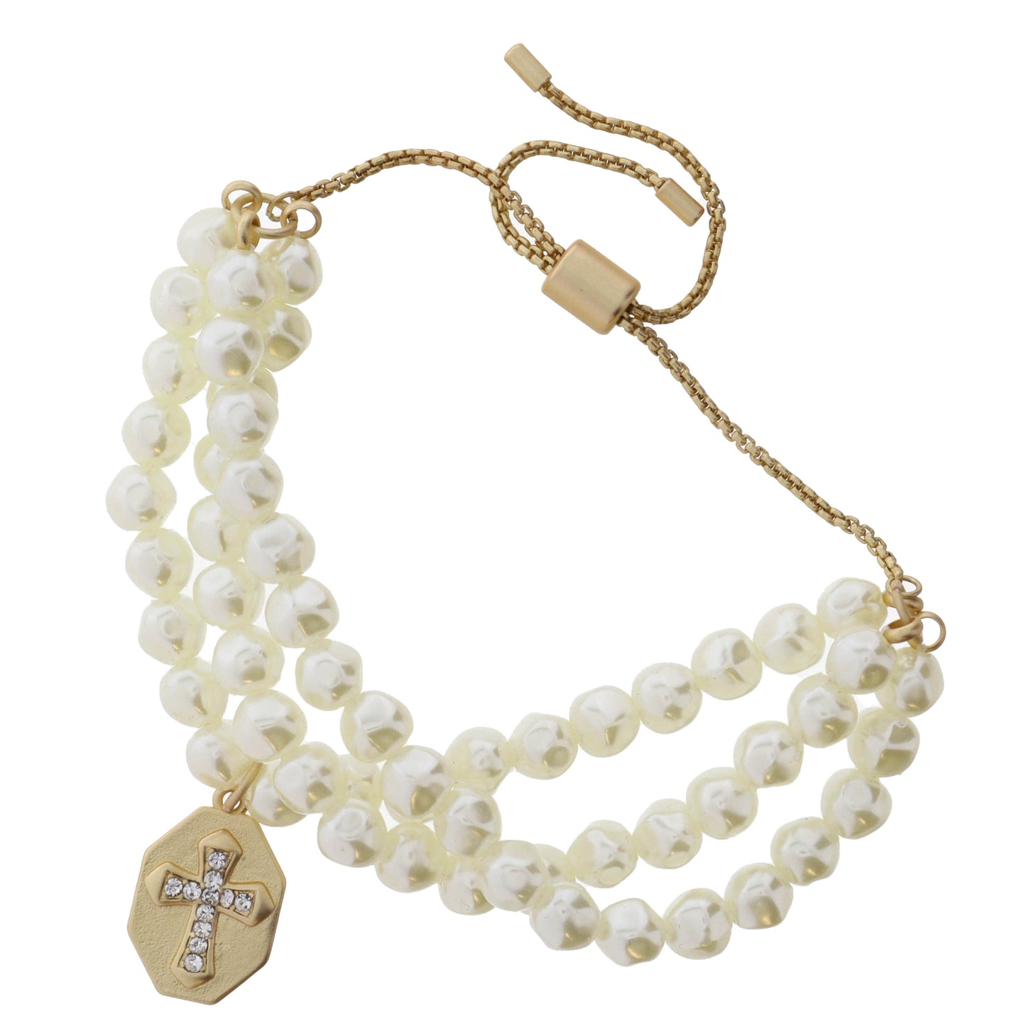 Set of 3, Pearl & Gold and Crystal Cross on Gold Shield Bracelet