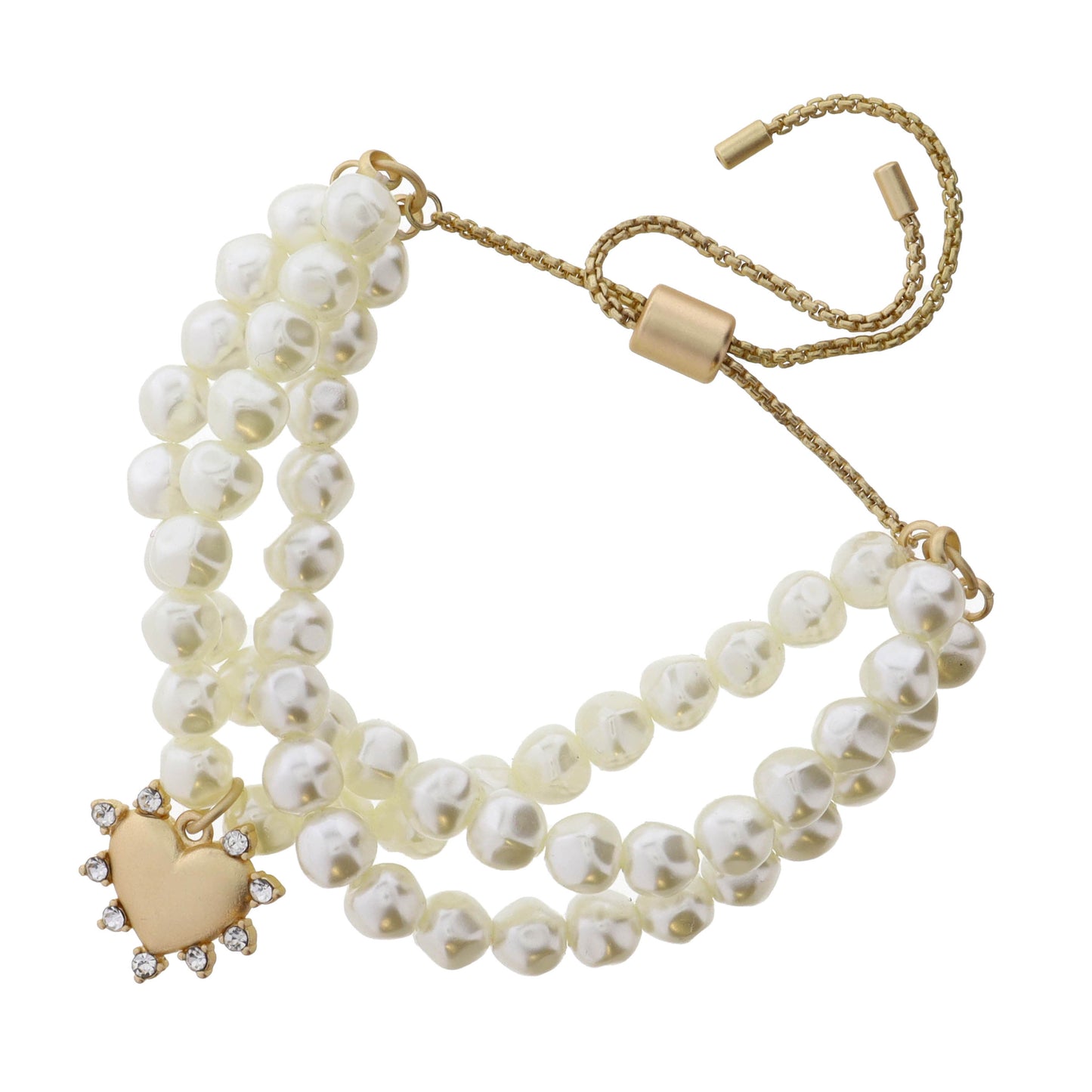 Set of 3, Pearl & Gold and Gold Heart with Outter Crystal Studs Bracelet
