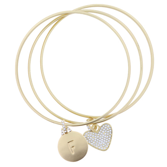Set of 3, Gold Disc Initial "F" and Clear Crystal Heart Bangle Bracelet