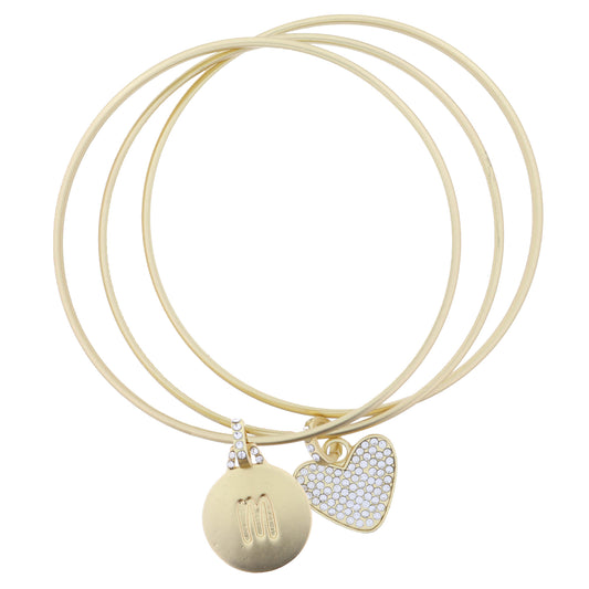 Set of 3, Gold Disc Initial "M" and Clear Crystal Heart Bangle Bracelet