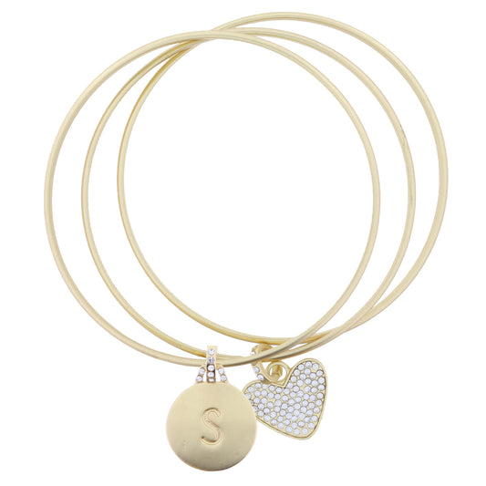 Set of 3, Gold Disc Initial "S" and Clear Crystal Heart Bangle Bracelet