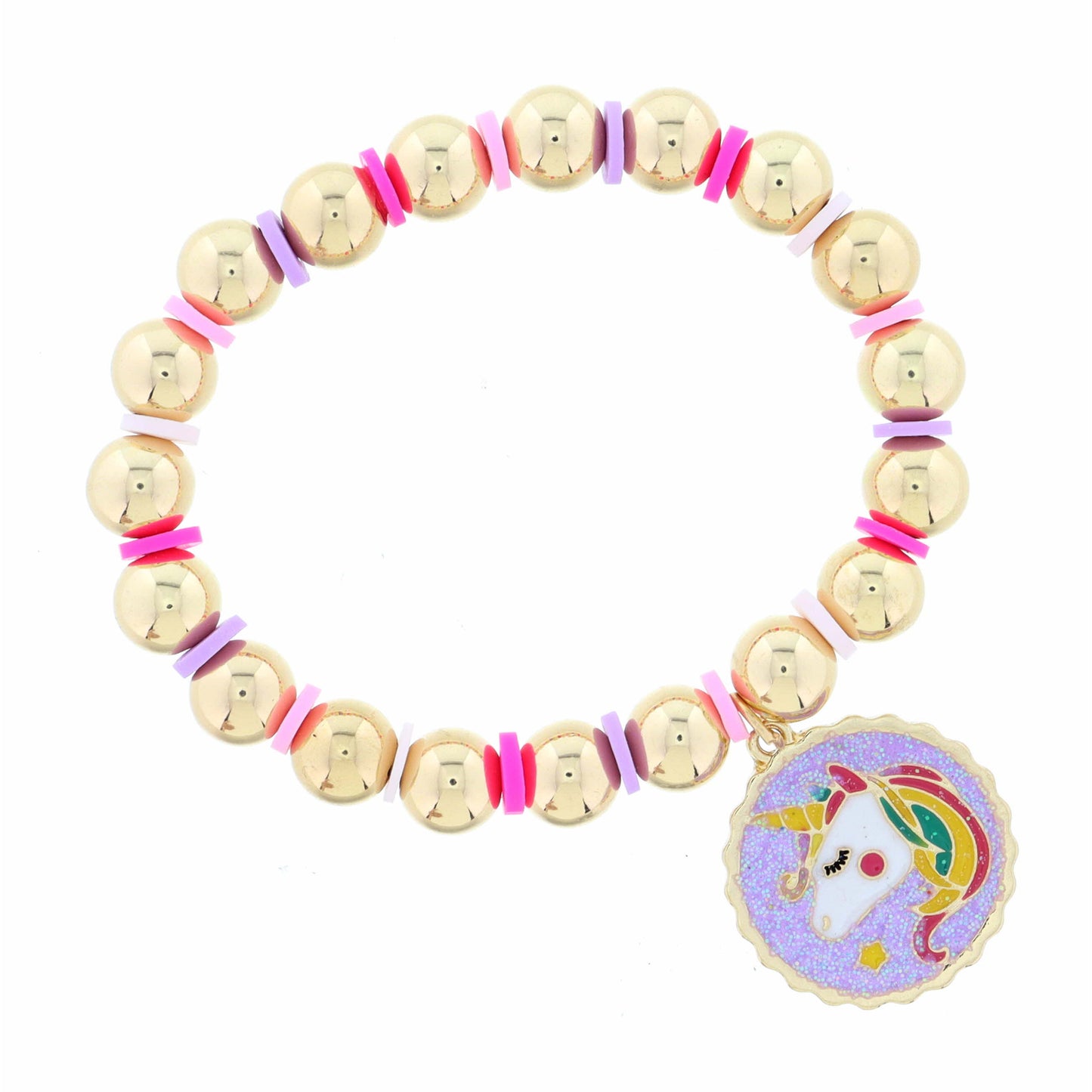 Kids Gold Beaded with Lavender AB Glitter Disc with Unicorn Head Bracelet
