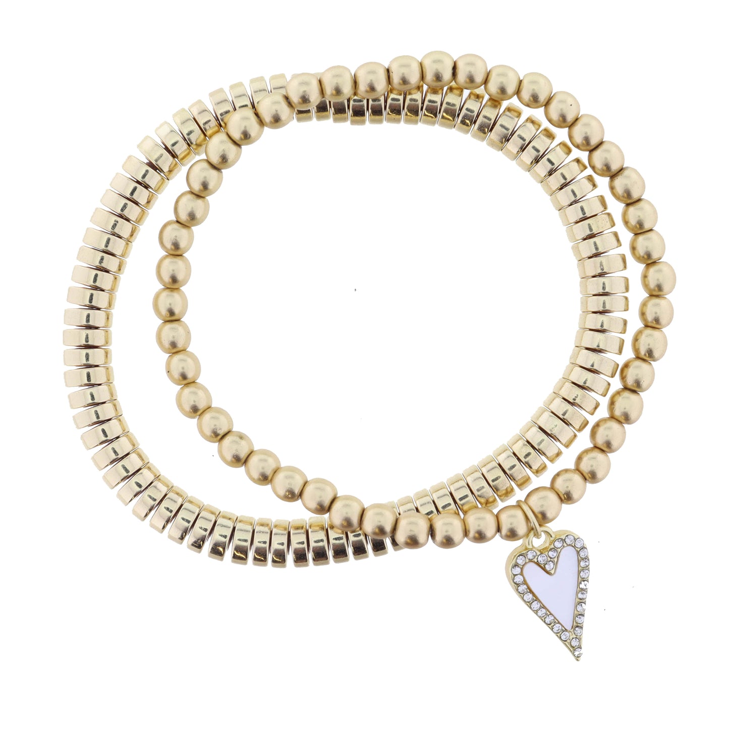 Set of 2, Gold Cylinder Discs, Gold Ball Beaded and Crystal Heart Bracelet