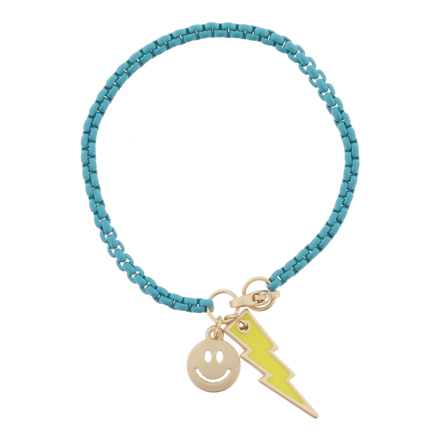 Kids Teal Box Chain with Happy Face and Yellow Enamel Lightning Bolt Bracelet