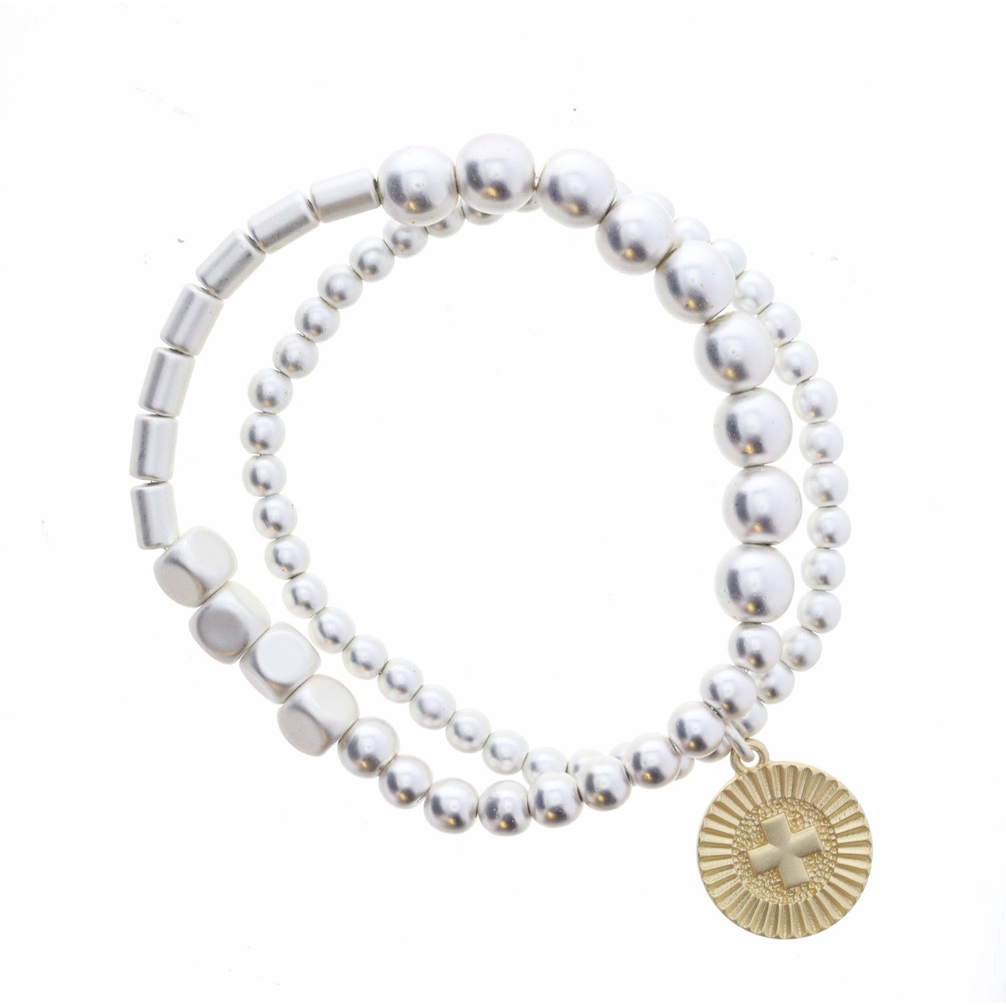 Set of 2, Silver Beaded Stretch Bracelets, Gold Disc, Square Cross Center, 8" Around, .65" Pendant