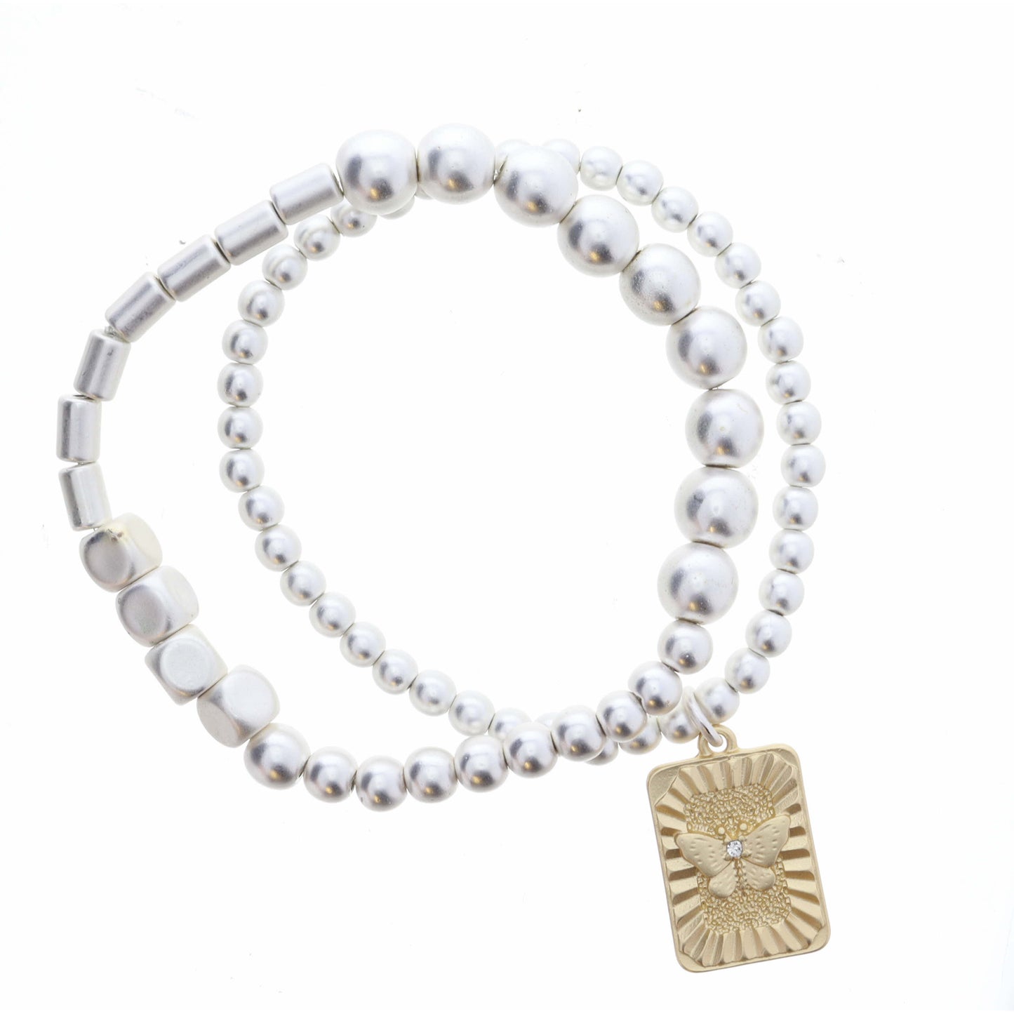 Set of 2, Silver Beaded Stretch Bracelets, Gold Rectangle, Butterfly Center, 8" Around, .75" Pendant