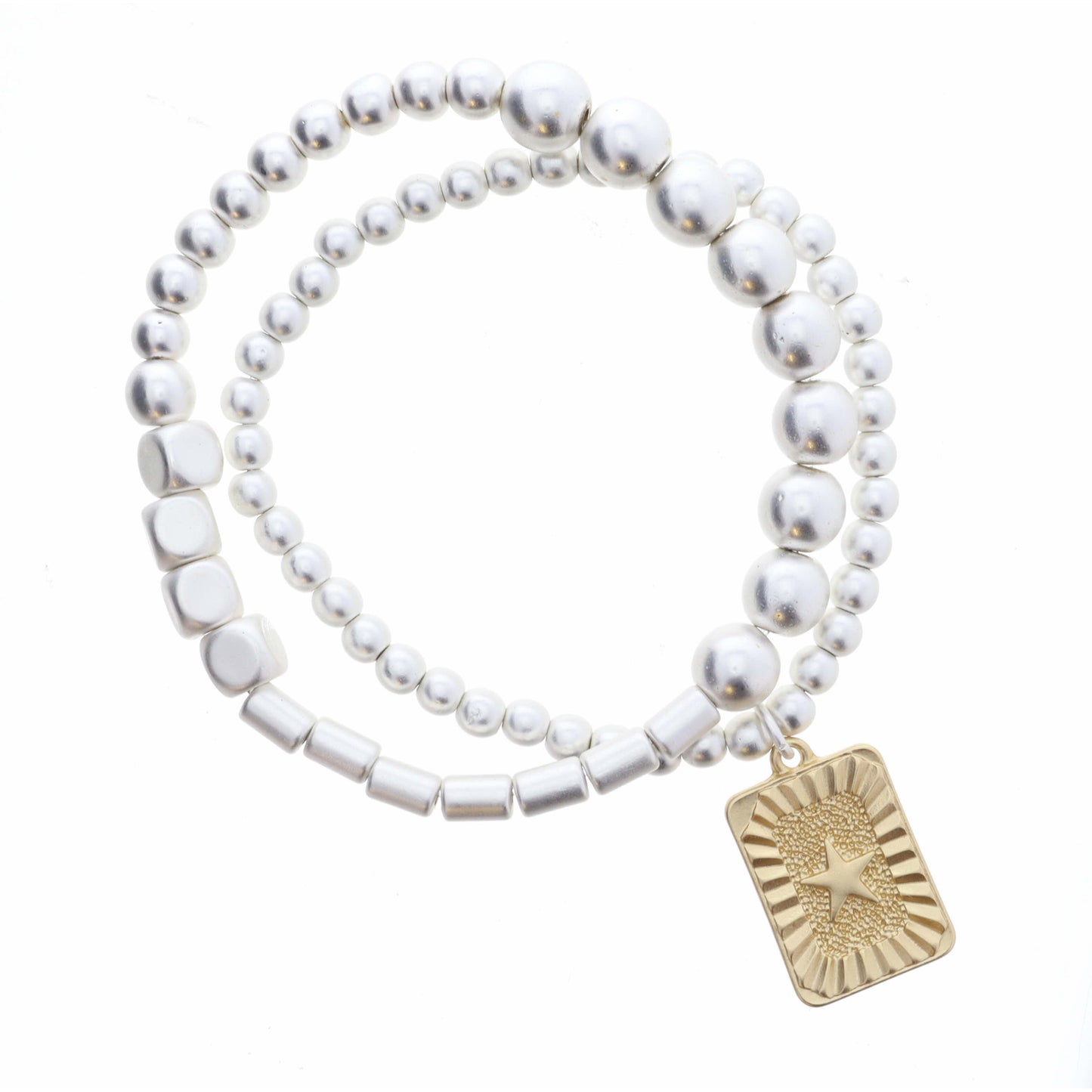 Set of 2, Silver Beaded Stretch Bracelets, Gold Rectangle, Star Center, 8" Around, .75" Pendant