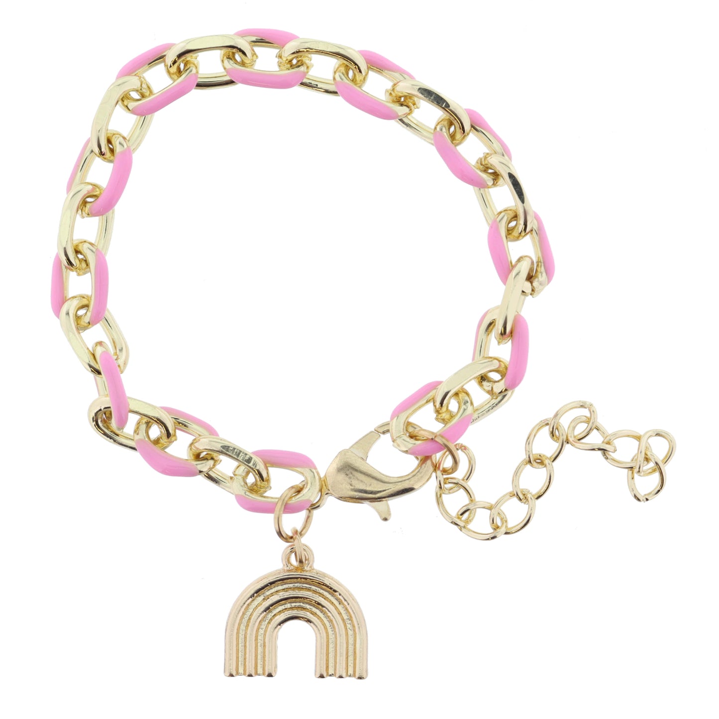 Pink Enamel Chain and Gold Rainbow Arch Bracelet