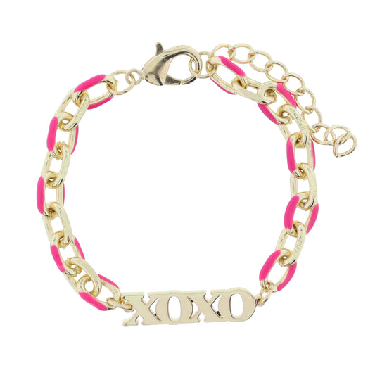Hot Pink Enamel Chain with Gold "xoxo" Bar Bracelet