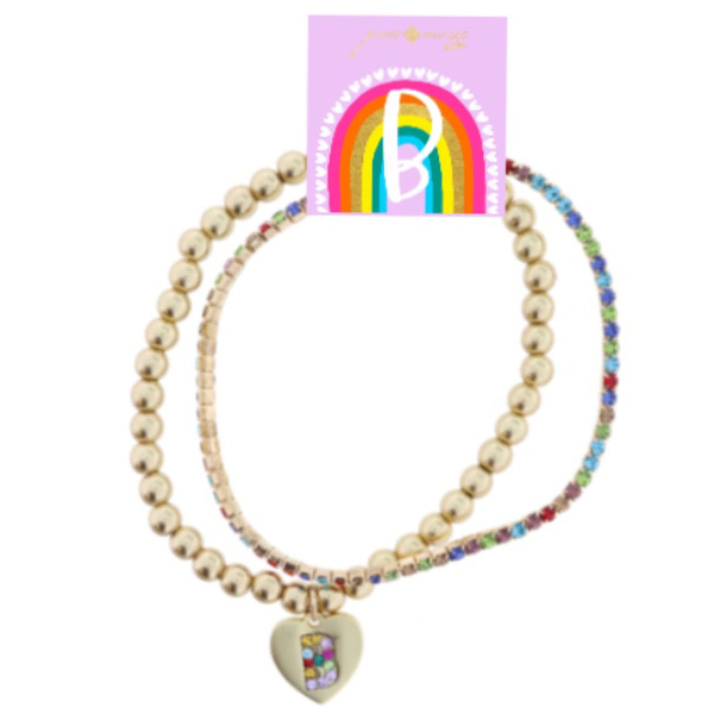 Kids Set of 2, Multi Crystal and Beaded Stretch Bracelets with Multi Crystal "B" on Heart Bracelets