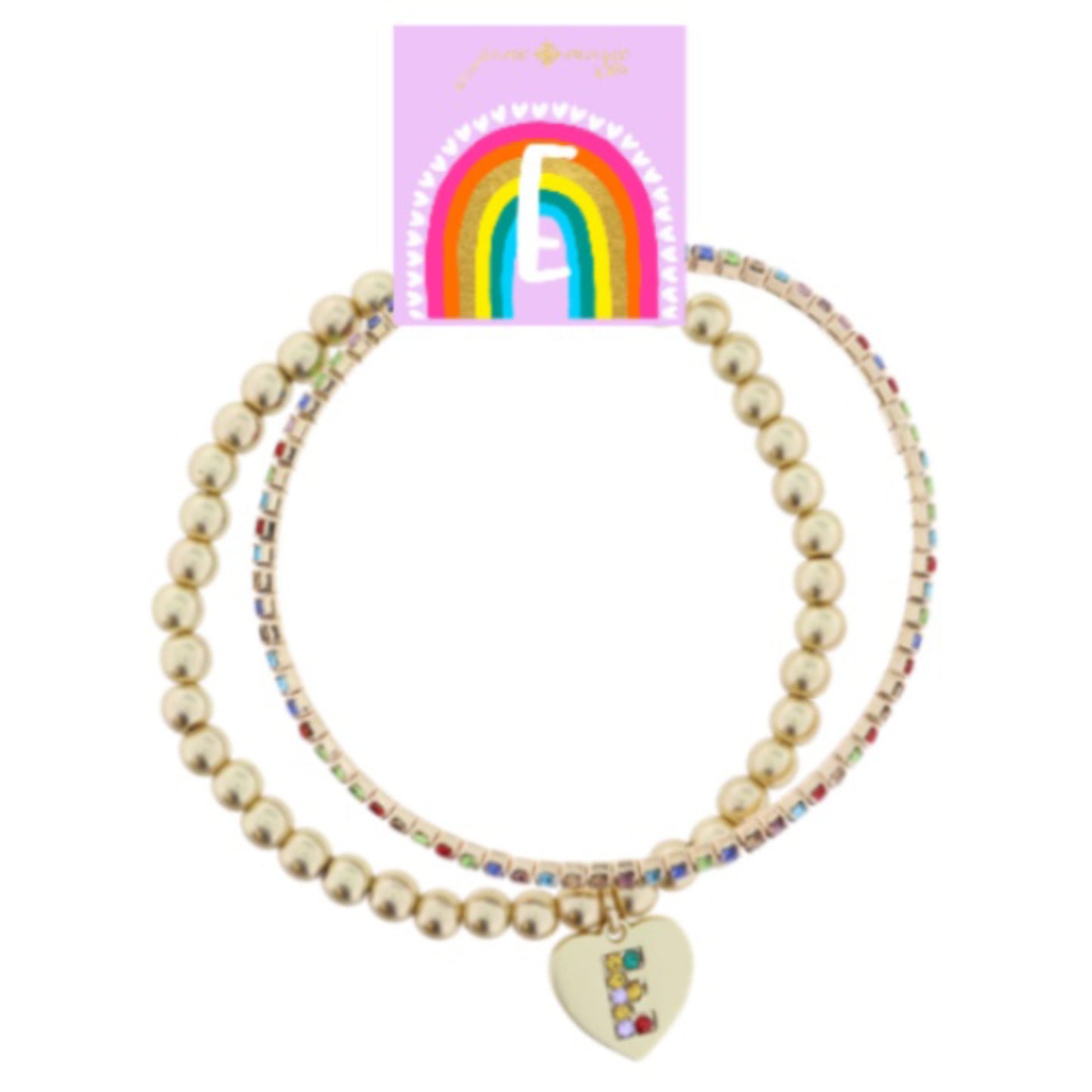 Kids Set of 2, Multi Crystal and Gold Beaded Stretch Bracelets with Crystal "E" on Heart Bracelets