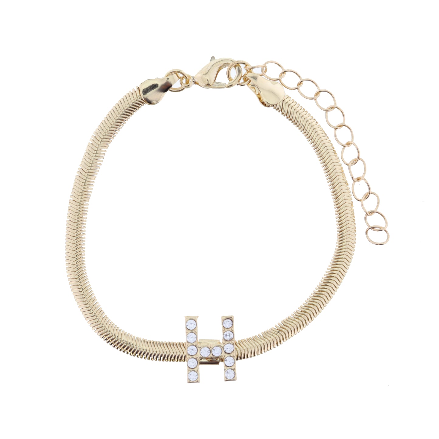 Shiny Gold Snake Chain with Clear Crystal "H" Station Bracelet