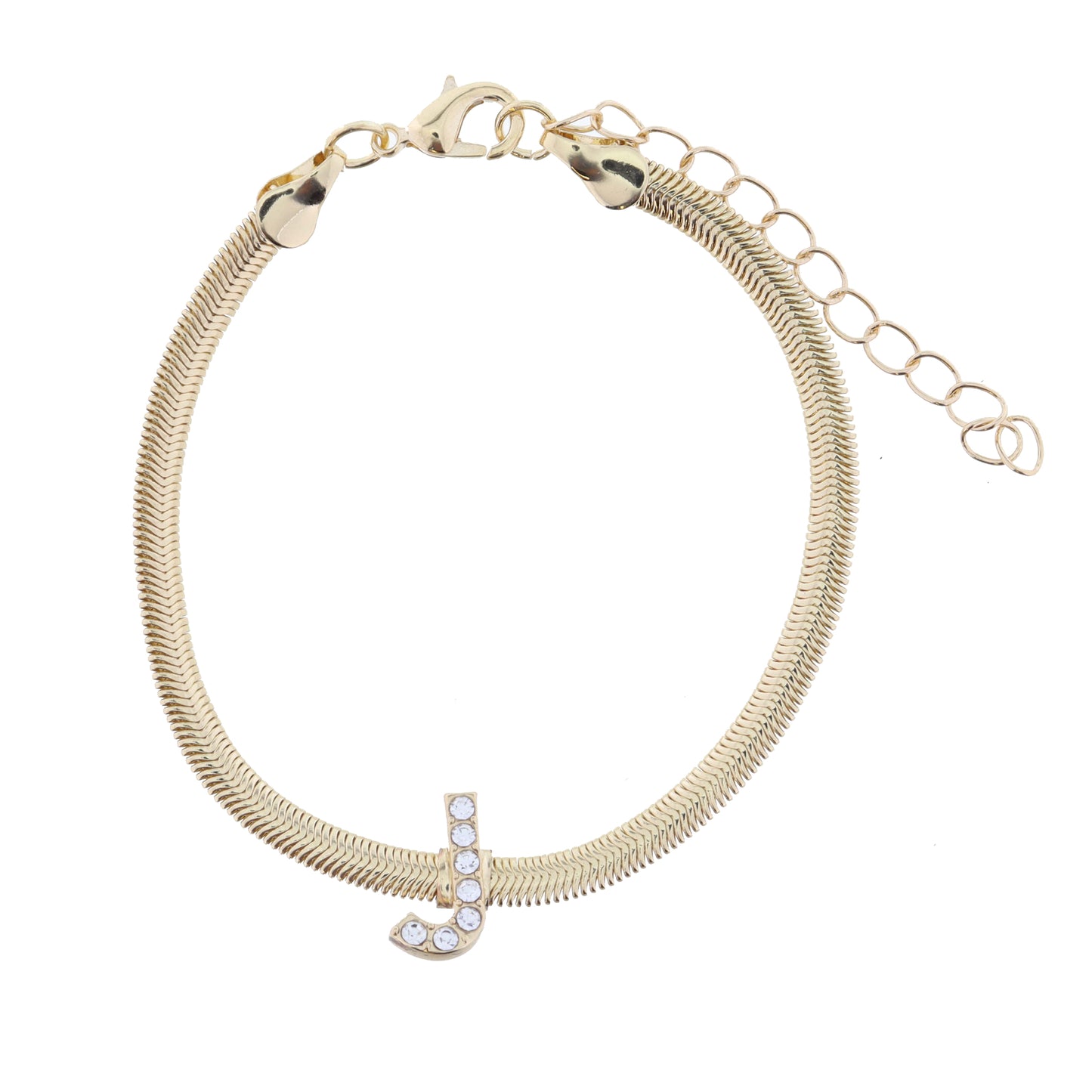 Shiny Gold Snake Chain with Clear Crystal "J" Station Bracelet