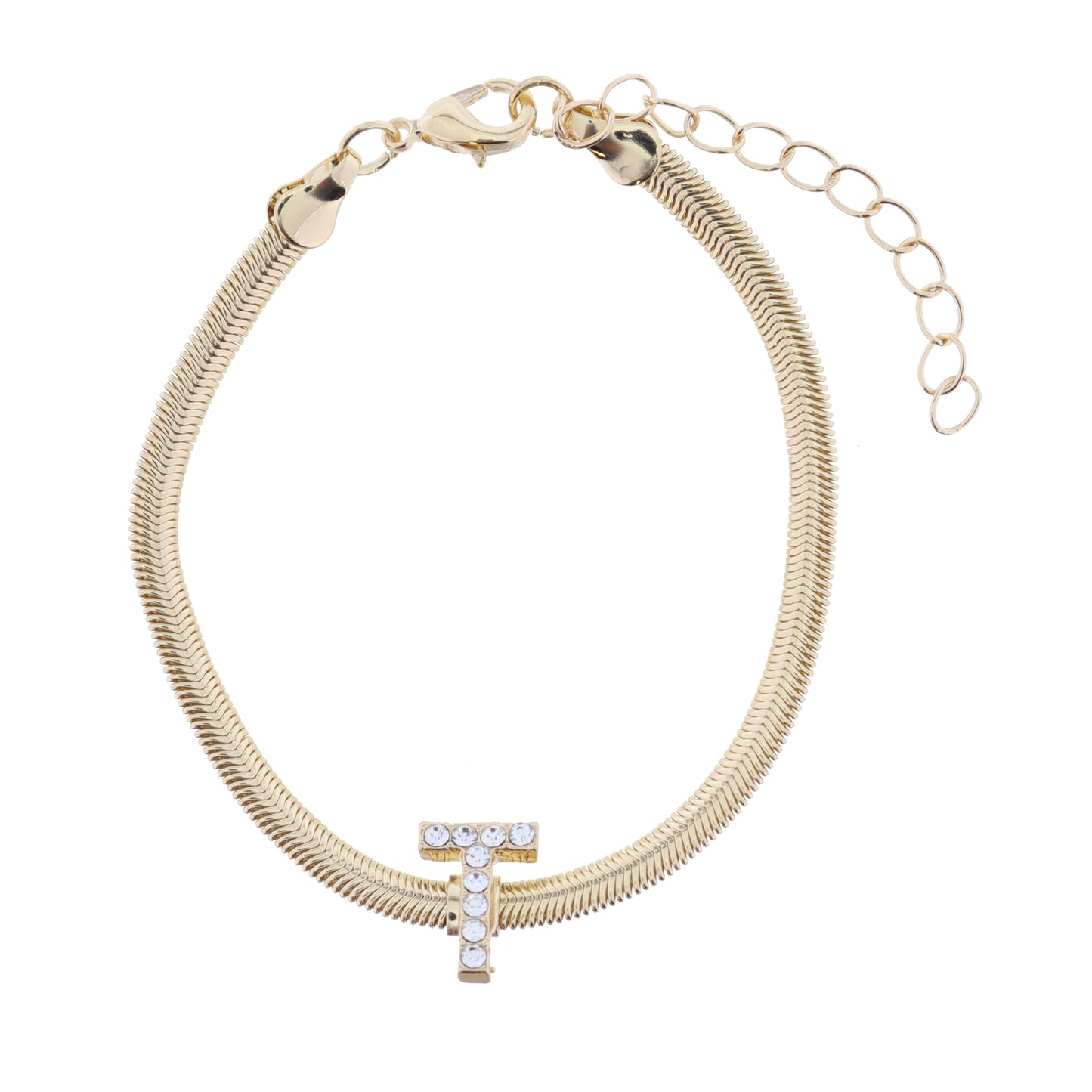 Shiny Gold Snake Chain with Clear Crystal "T" Station Bracelet