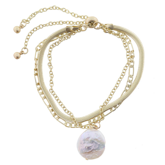 3 Strand, Multi Chain, Figaro, Snake Chain, Rolo with Coin Pearl Bracelet