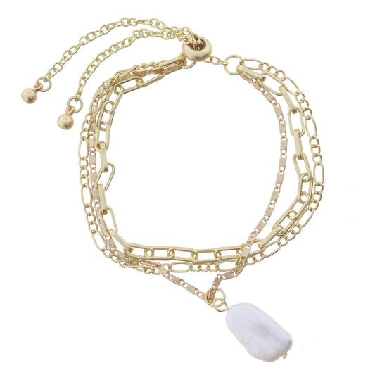 3 Strand, Multi Chain, Figaro, Paperclip, Scroll with Pearl Bracelet