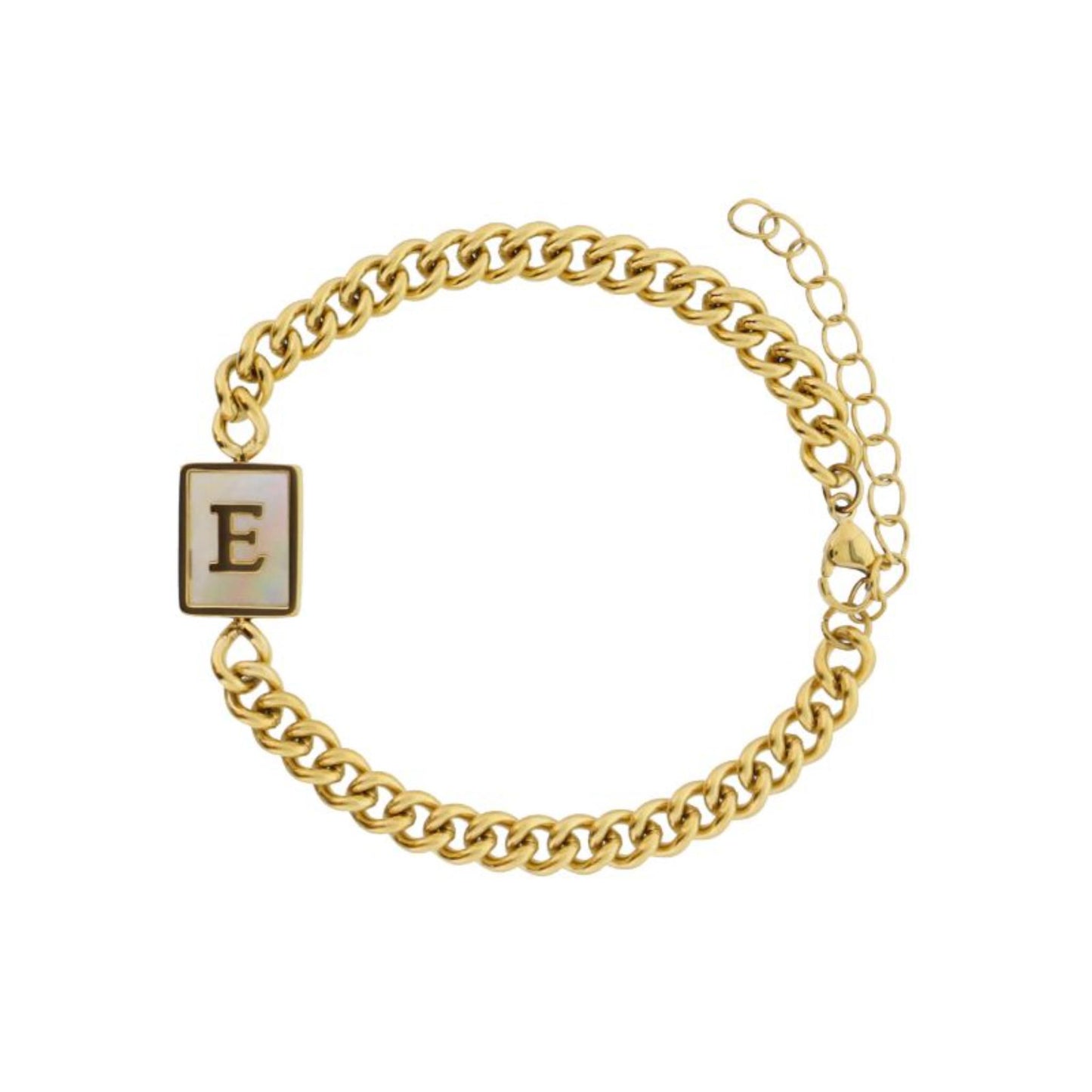 Gold Rectangle with Shell Inlay and Gold "E" Initial Center Bracelet