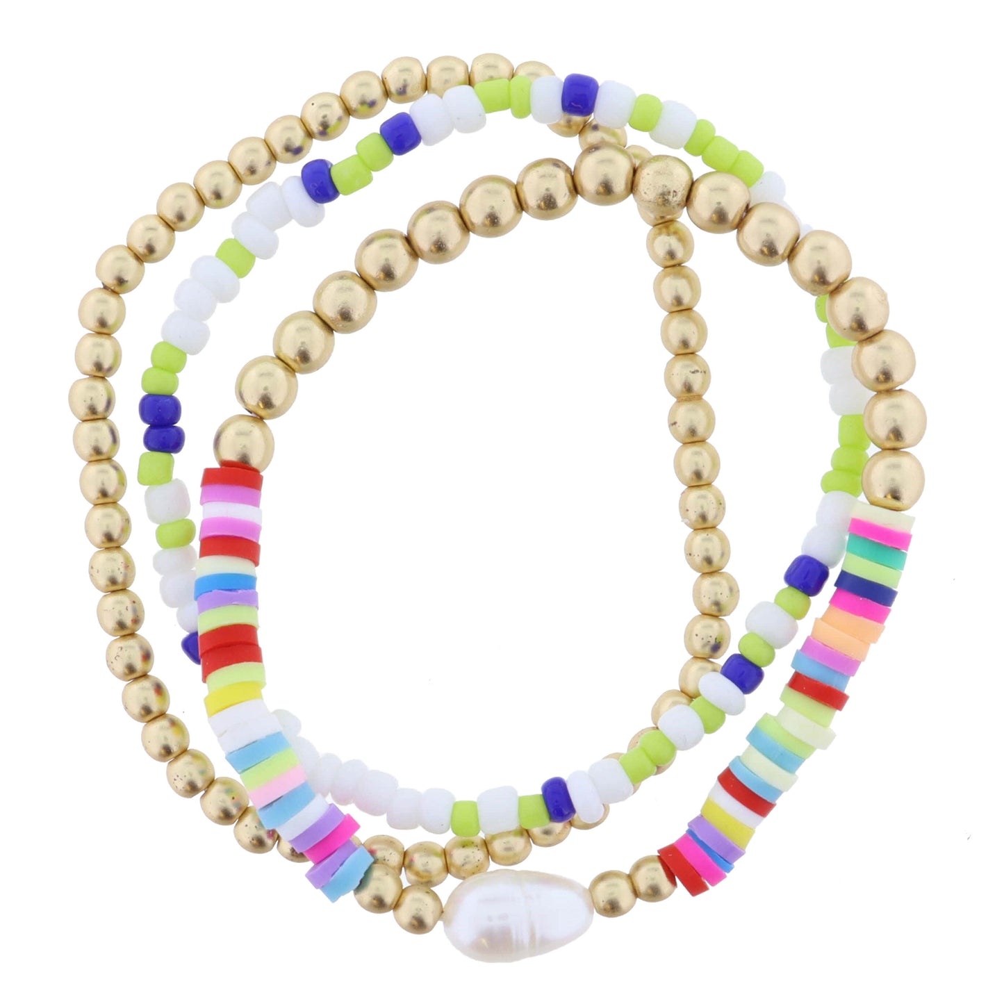 Kids Set of 3, Gold Ball, Multi Seed Bead, Gold Ball, Rainbow Sequin, & Pearl Bracelet, .25" Pendant