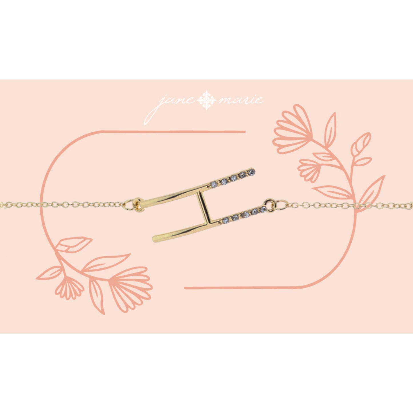 Shiny Gold Skinny Sideways "H" Initial with Clear Crystal Embellishments Bracelet