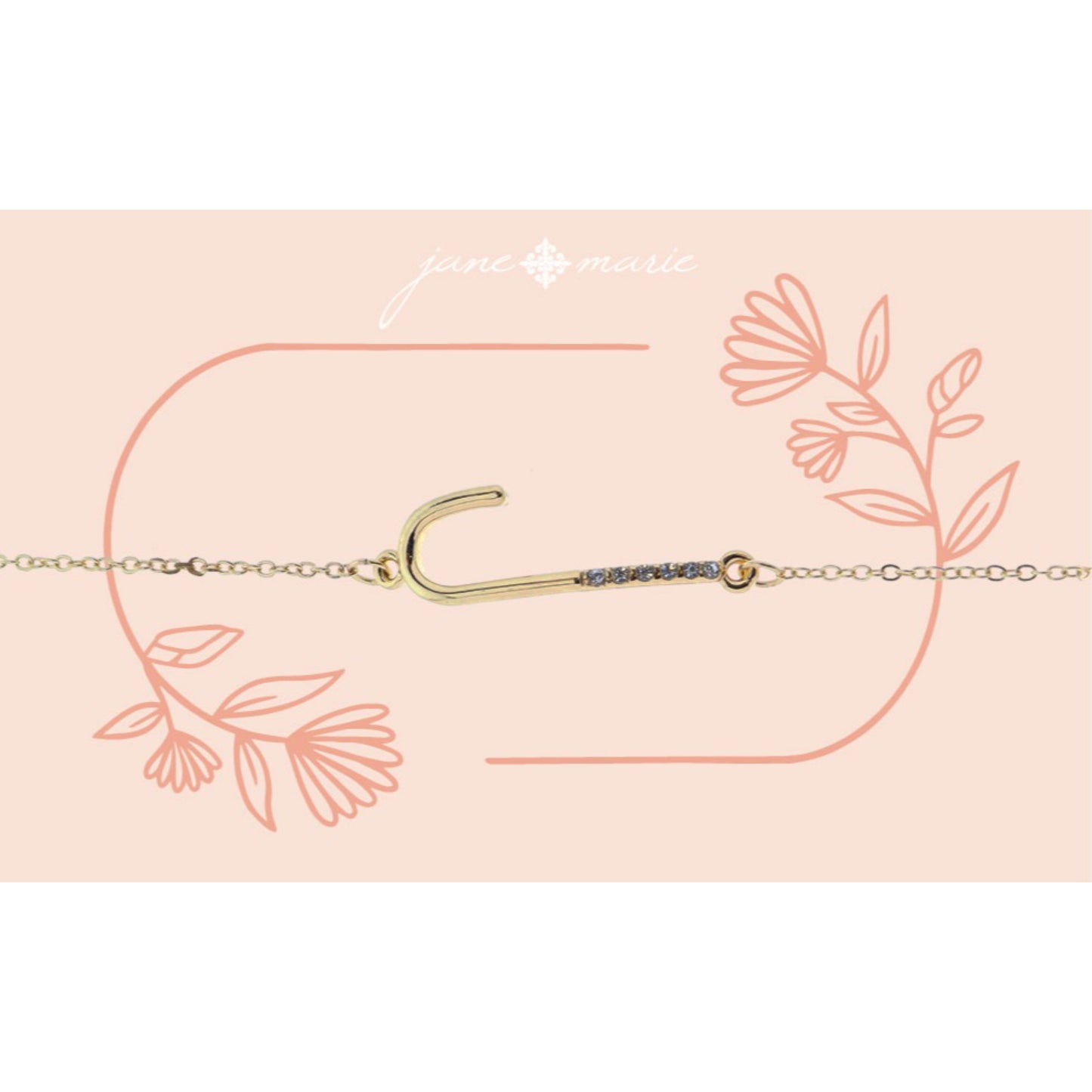 Shiny Gold Skinny Sideways "J" Initial with Clear Crystal Embellishments Bracelet