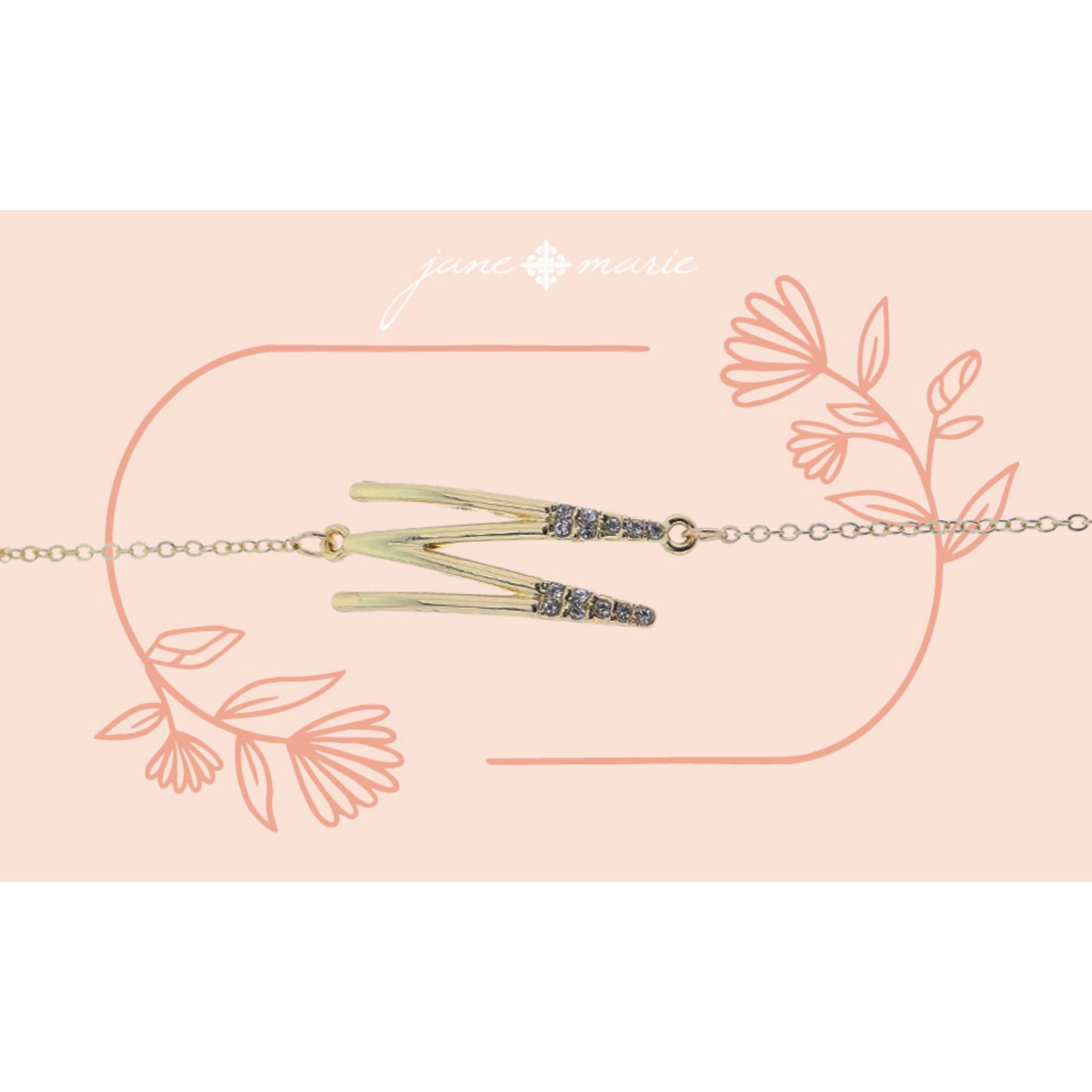 Shiny Gold Skinny Sideways "M" Initial with Clear Crystal Embellishments Bracelet