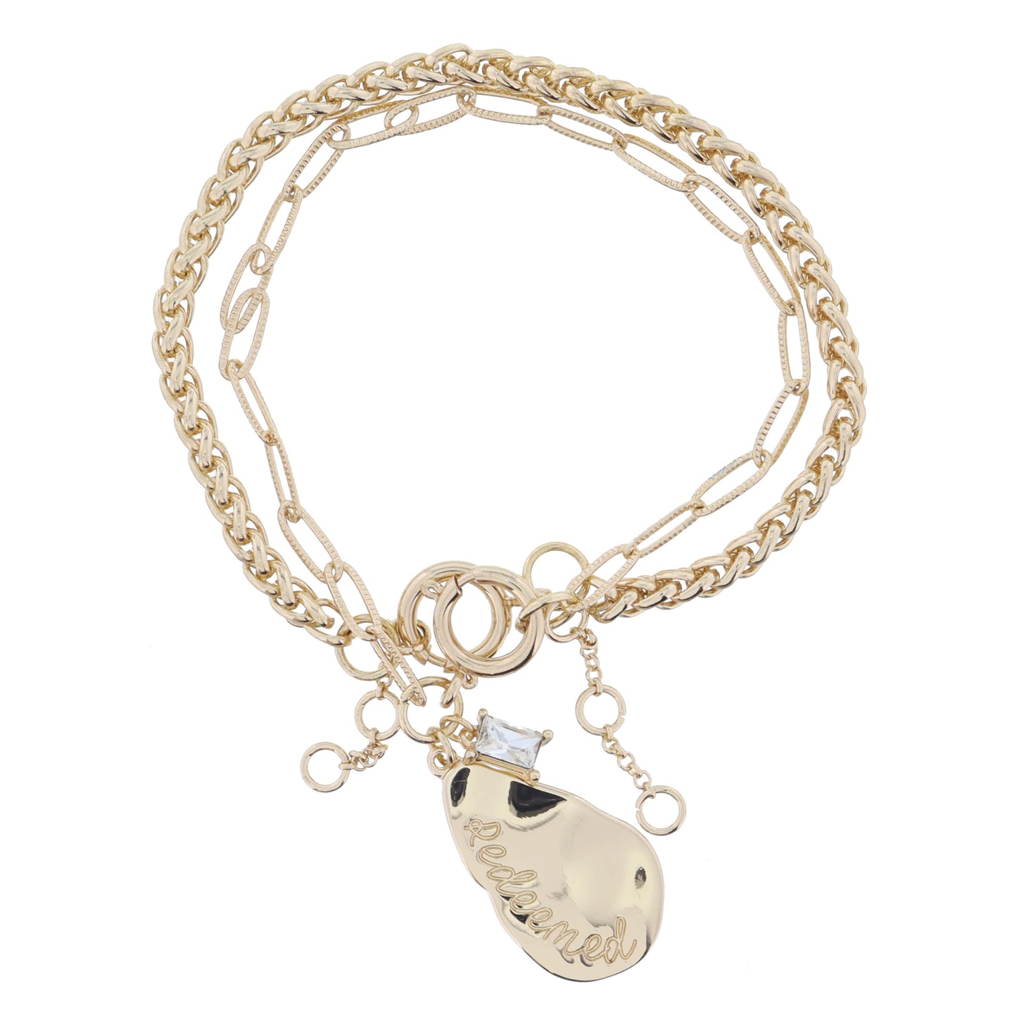 Set of 2, Gold Palma, Gold Teardrop "Redeemed" and Crystal on Chain Bracelet, 1", .25" Pendants
