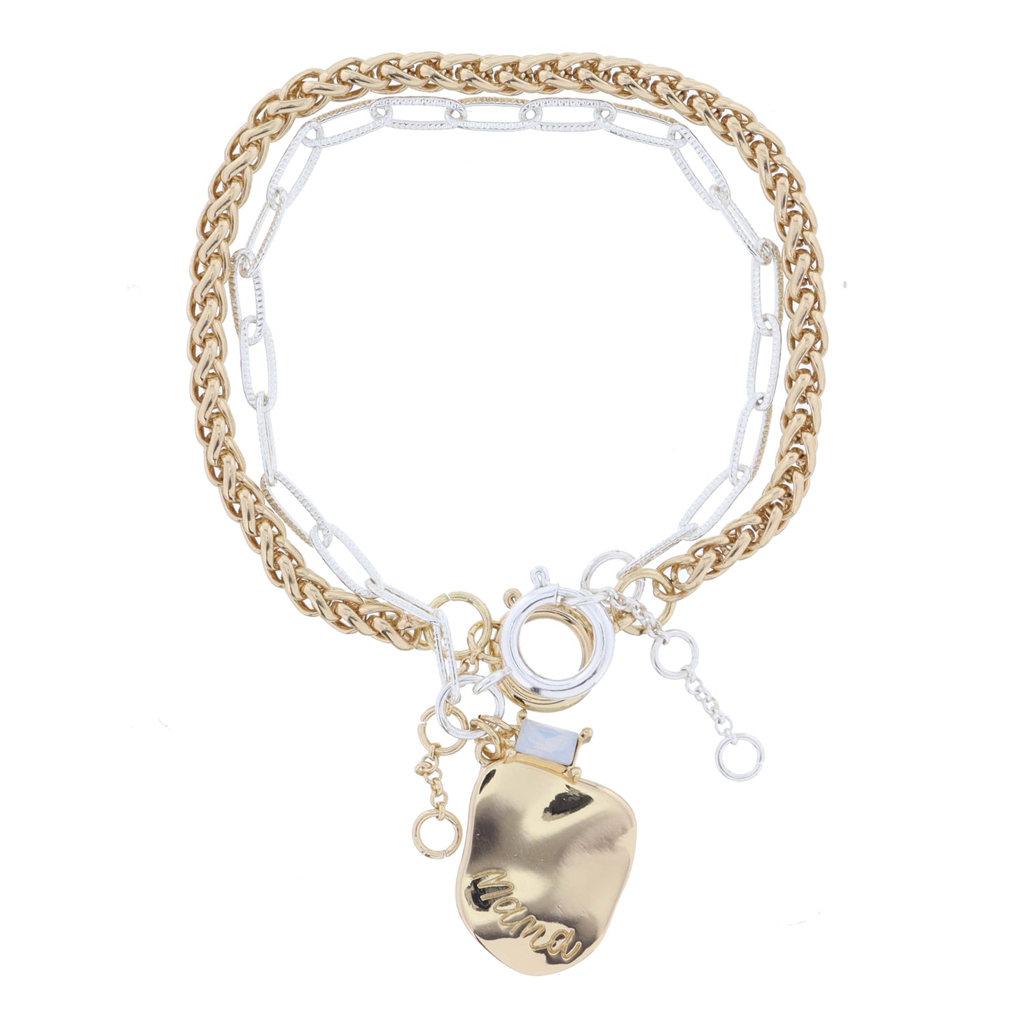 Set of 2, Gold Palma, Gold Wavy Shape "Mama" & Moonstone Crystal on Chain Bracelet,.85",.25" Pendant