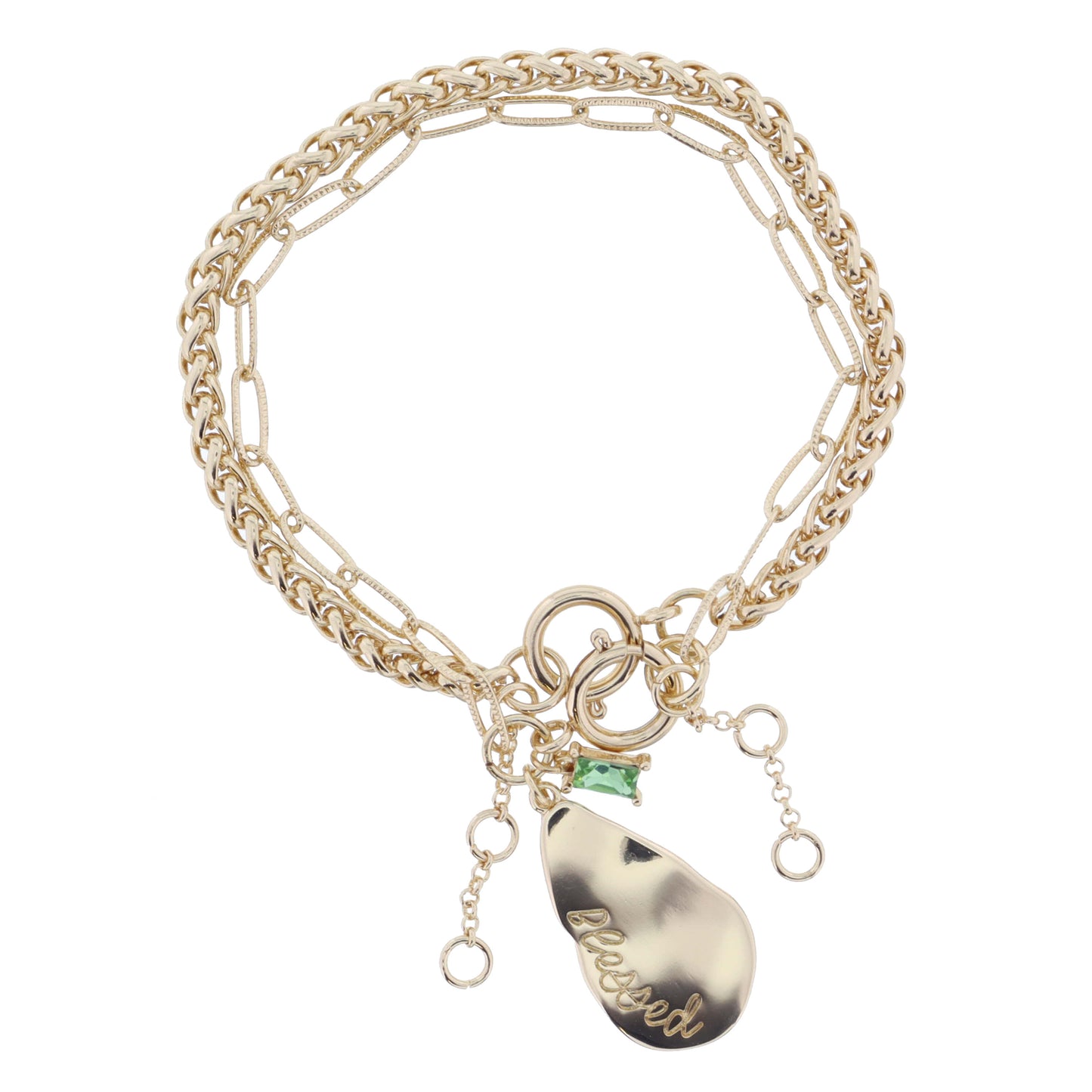 Set of 2, Gold Palma, Gold Teardrop "Blessed" and Peridot Crystal on Chain Bracelet, 1",.25" Pendant