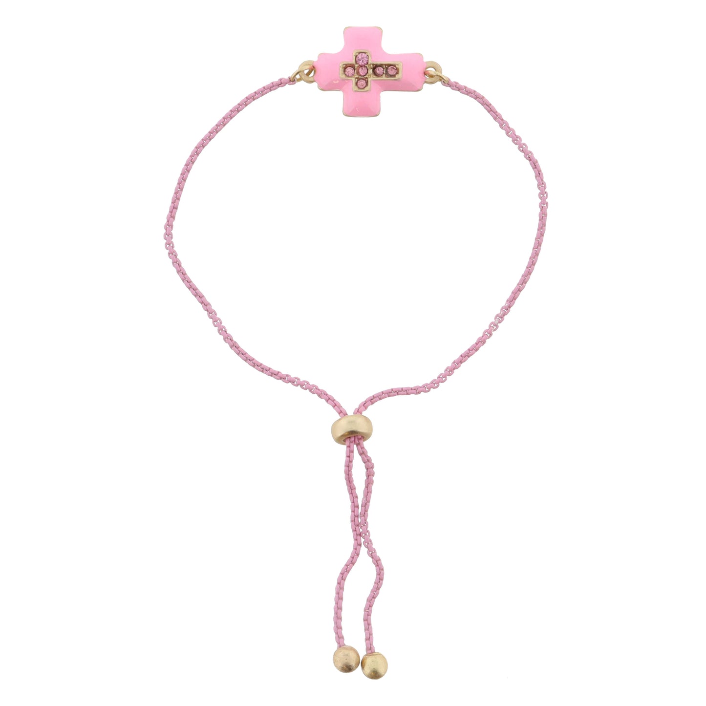 Kids Pink Enamel with Light Pink Crystal Cross Bracelet, .5" Pendants