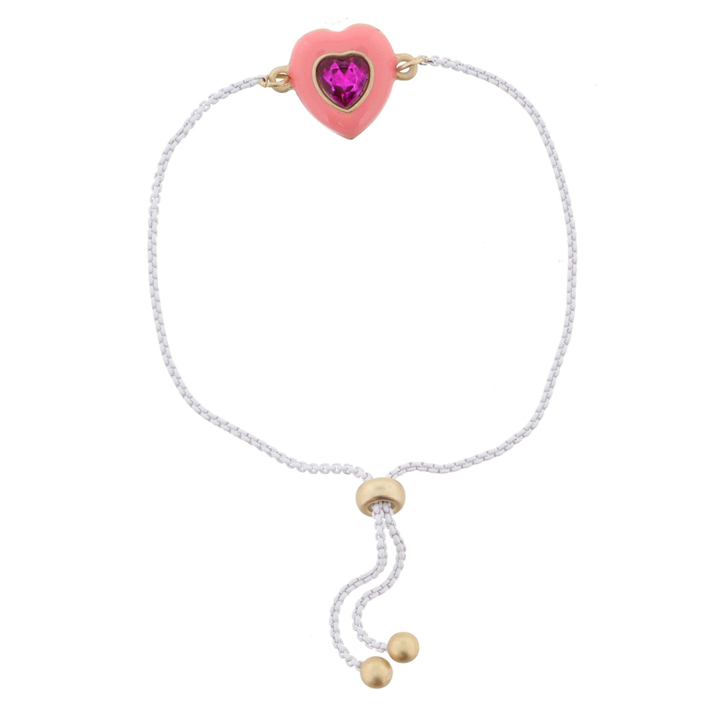 Kids Peachy Pink Enamel with Fuchsia Crystal Heart Bracelet, .5" Pendants