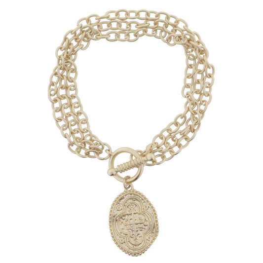 3 Strand Gold Chains with Toggle and Gold Oval Cross Coin Bracelet