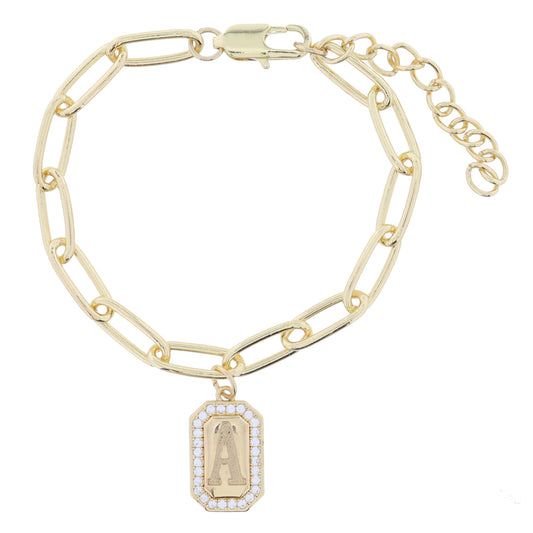 Shiny Gold Paperclip Chain with Crystal Edged "A" Initial Emerald Plate Bracelet