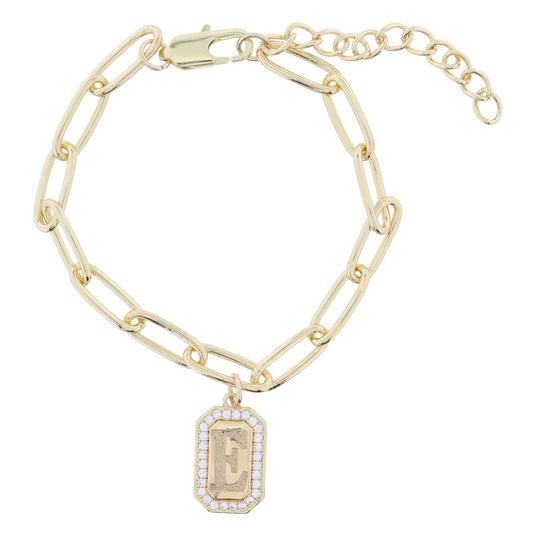 Shiny Gold Paperclip Chain with Crystal Edged "E" Initial Emerald Plate Bracelet