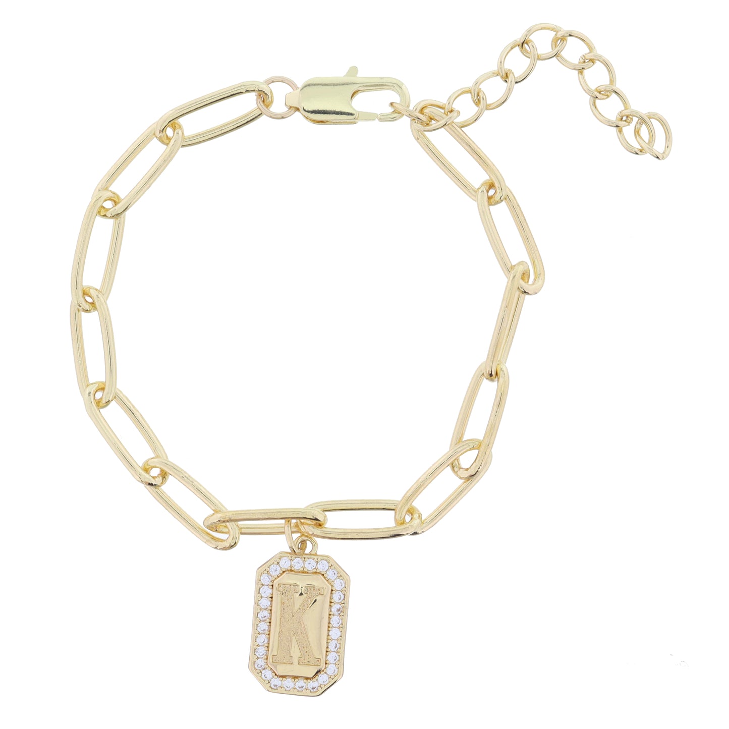 Shiny Gold Paperclip Chain with Crystal Edged "K" Initial Emerald Plate Bracelet