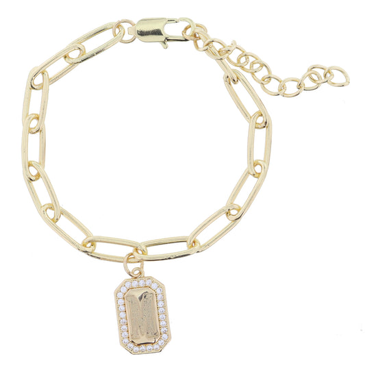 Shiny Gold Paperclip Chain with Crystal Edged "M" Initial Emerald Plate Bracelet