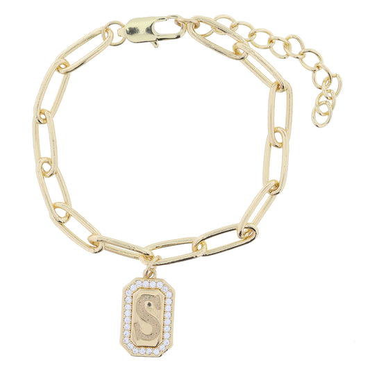 Shiny Gold Paperclip Chain with Crystal Edged "S" Initial Emerald Plate Bracelet