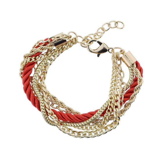 6 Strand Multi Gold Chains with Red Threaded Rope Bracelet