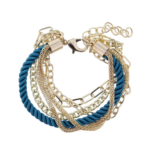 6 Strand Multi Gold Chains with Teal Threaded Rope Bracelet