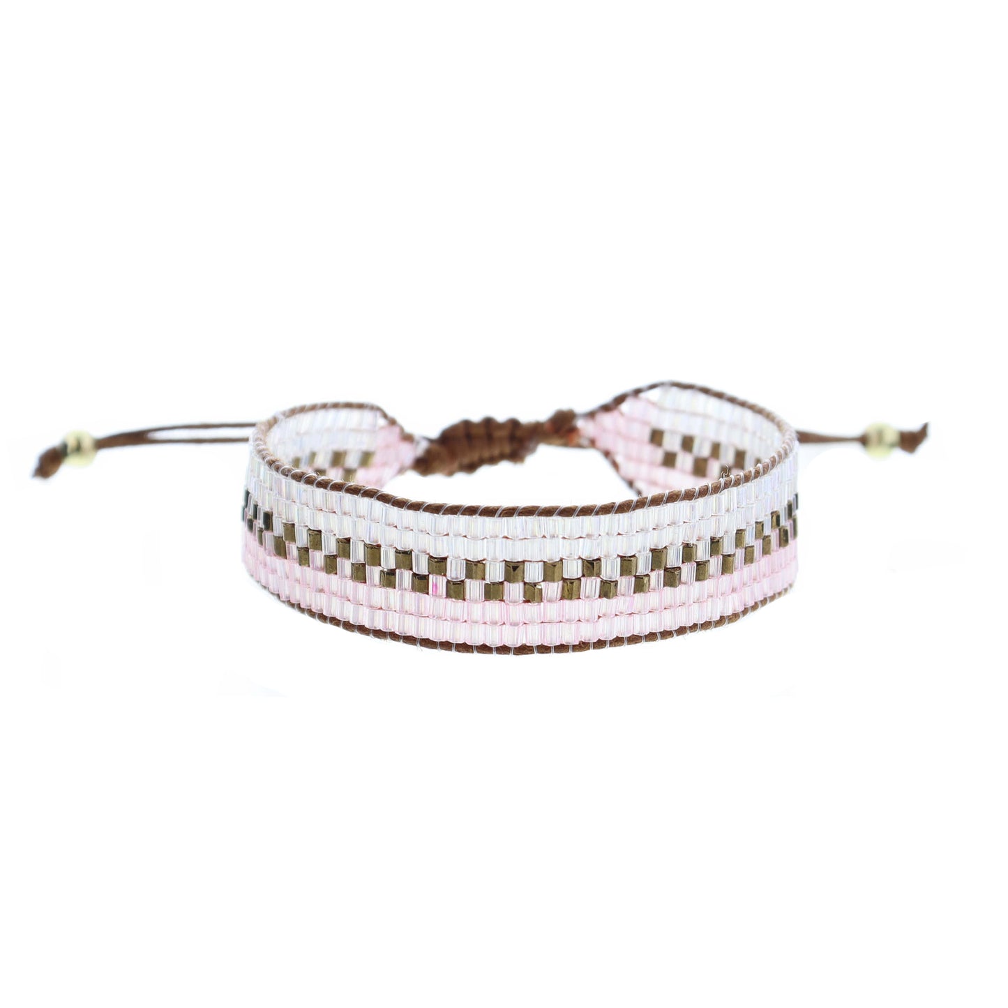 Iridescent Clear and Pink with Bronze Woven Beaded Band Bracelet