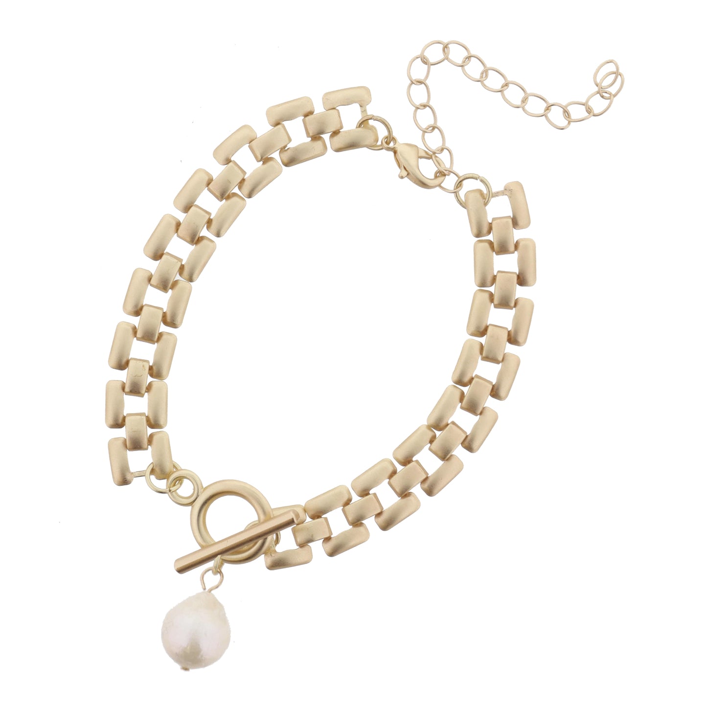 Matte Gold Presidential Chain with Toggle and Drop Pearl Bracelet