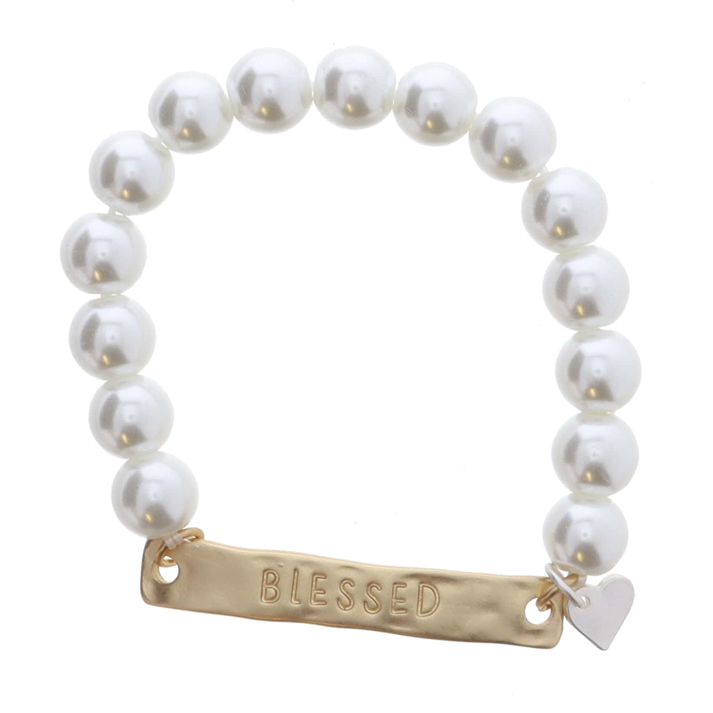 Kids Pearl Beaded with Gold "BLESSED" Bar and Mini Silver Heart Charm Bracelet, .25", .25" Pendant