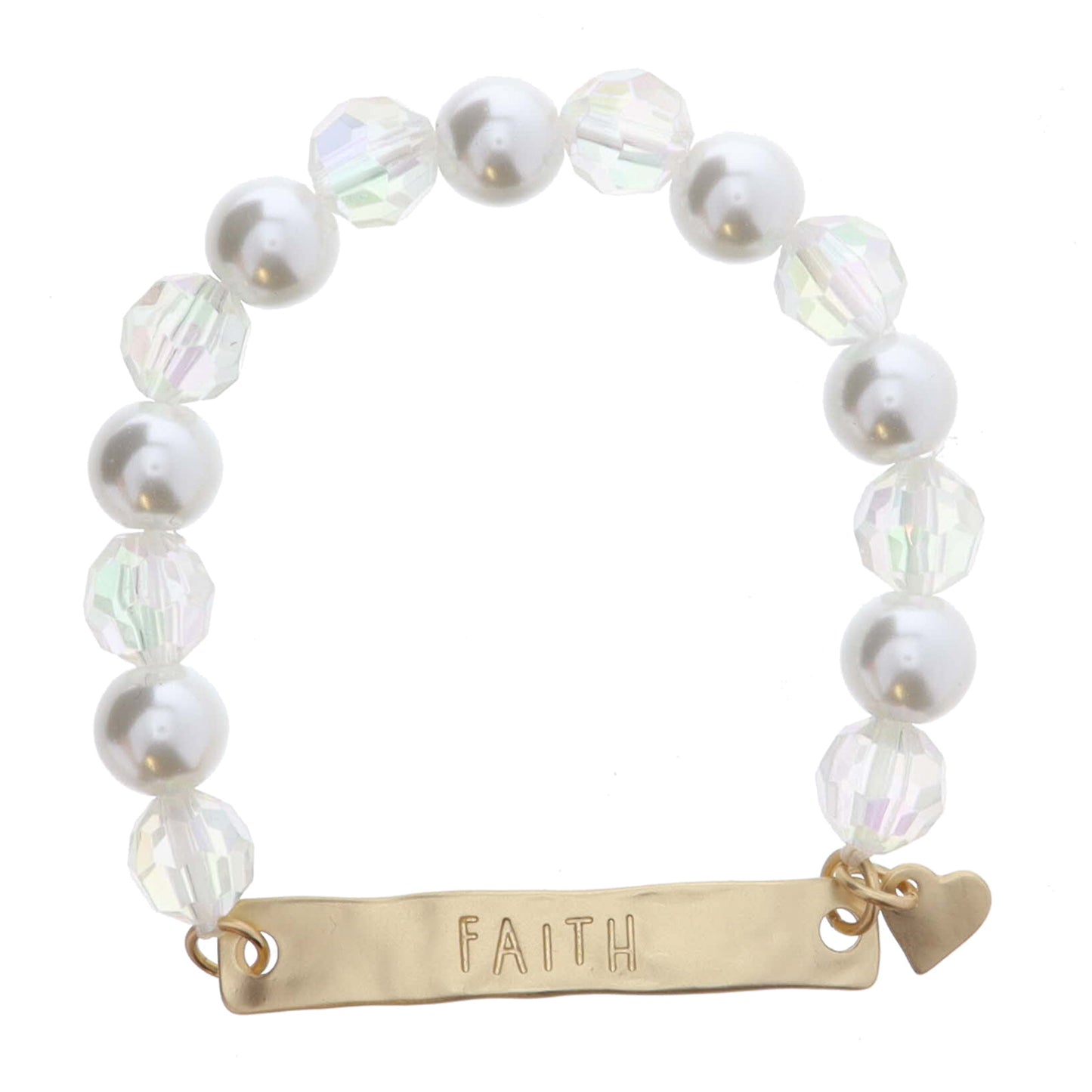 Kids Pearl and Iridescent Beaded with Gold "FAITH" Bar and Heart Charm Bracelet, .25", .25" Pendant