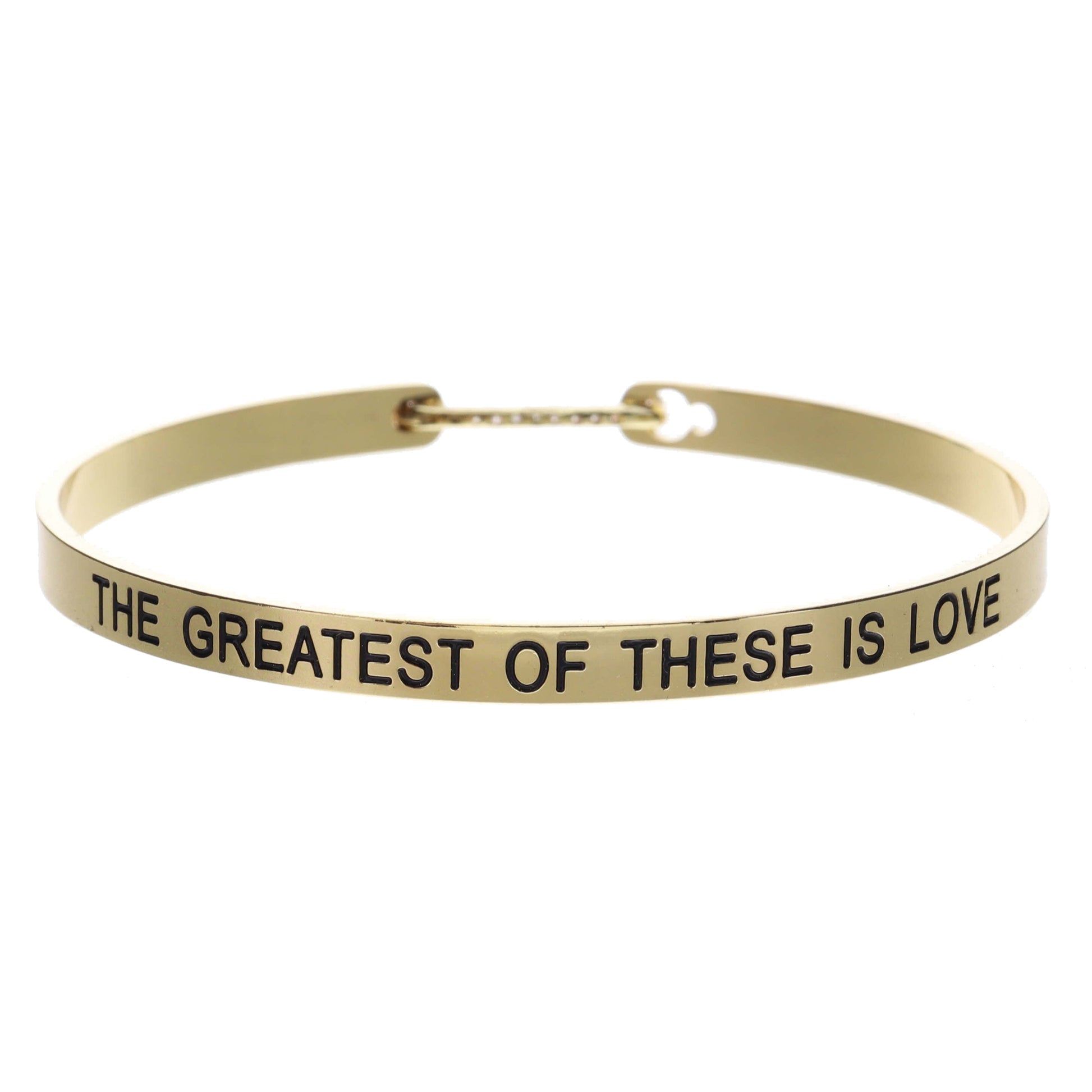 Thin Gold Bangle with "THE GREATEST OF THESE IS LOVE" and Crystal Pave Latch Bracelet