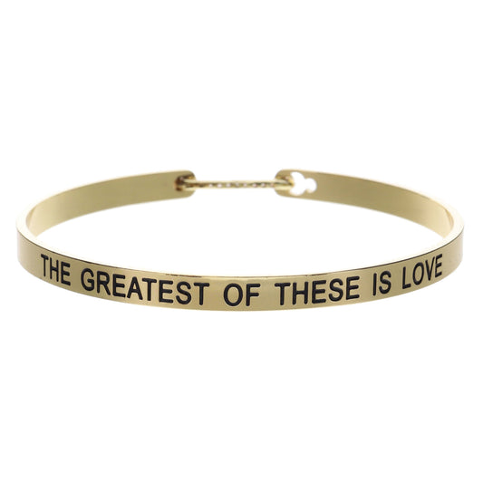 Thin Gold Bangle with "THE GREATEST OF THESE IS LOVE" and Crystal Pave Latch Bracelet