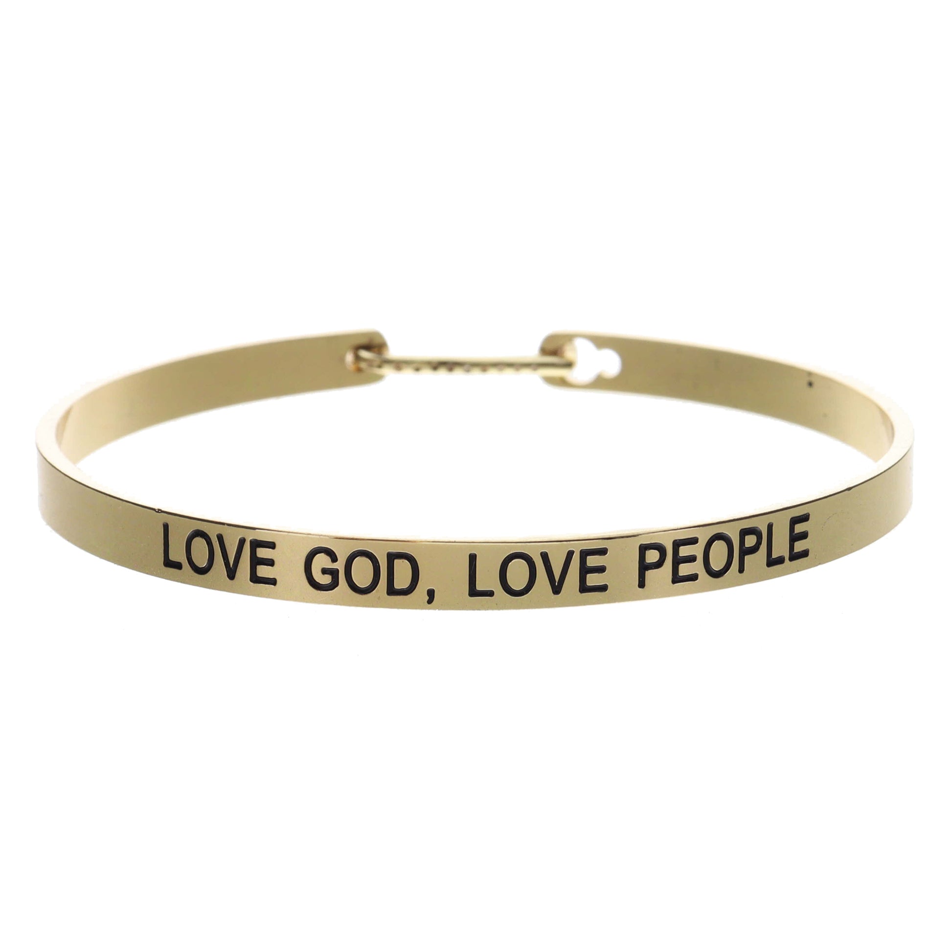 Thin Gold Bangle with "LOVE GOD, LOVE PEOPLE" and Crystal Pave Latch Bracelet