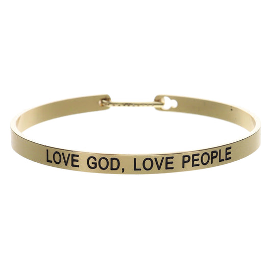 Thin Gold Bangle with "LOVE GOD, LOVE PEOPLE" and Crystal Pave Latch Bracelet