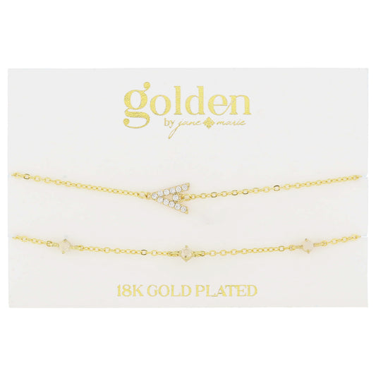 7" Around 18K Gold Plated Set of 2, Cubic Zirconia Pave "A" Initial, Multi Opals Bracelet, 1.5" Ext