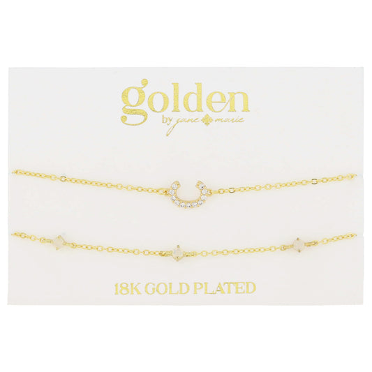 7" Around 18K Gold Plated Set of 2, Cubic Zirconia Pave "C" Initial, Multi Opals Bracelet, 1.5" Ext