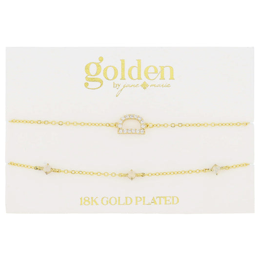 7" Around 18K Gold Plated Set of 2, Cubic Zirconia Pave "D" Initial, Multi Opals Bracelet, 1.5" Ext